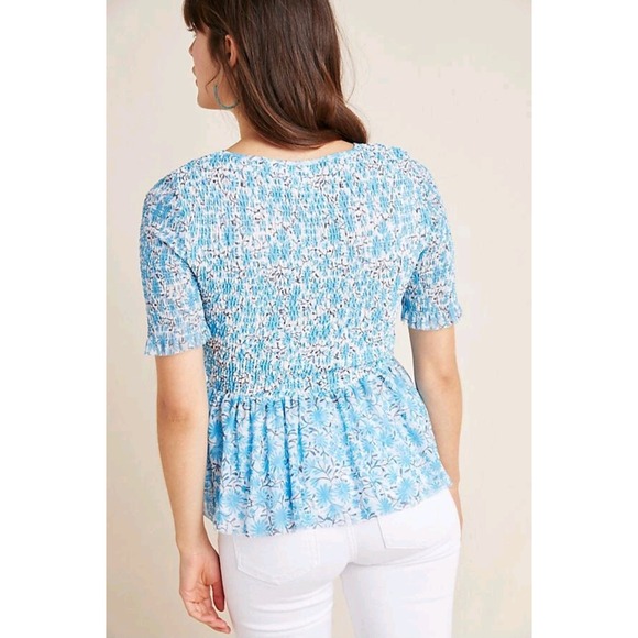 NWOT Maeve by Anthropologie Ashton Blue Floral Smocked Mesh Peplum Top XS - Picture 2 of 11